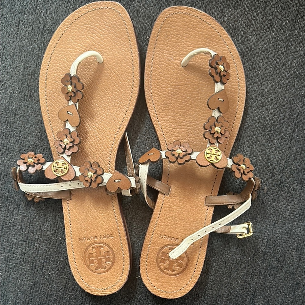 Tory Burch Brown Tan Sandals with Metallic Accents